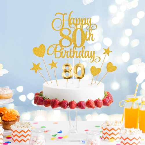 80th Birthday Cake Decorations - Glitter Happy 80th Birthday Toppers & Candles Set | Gold