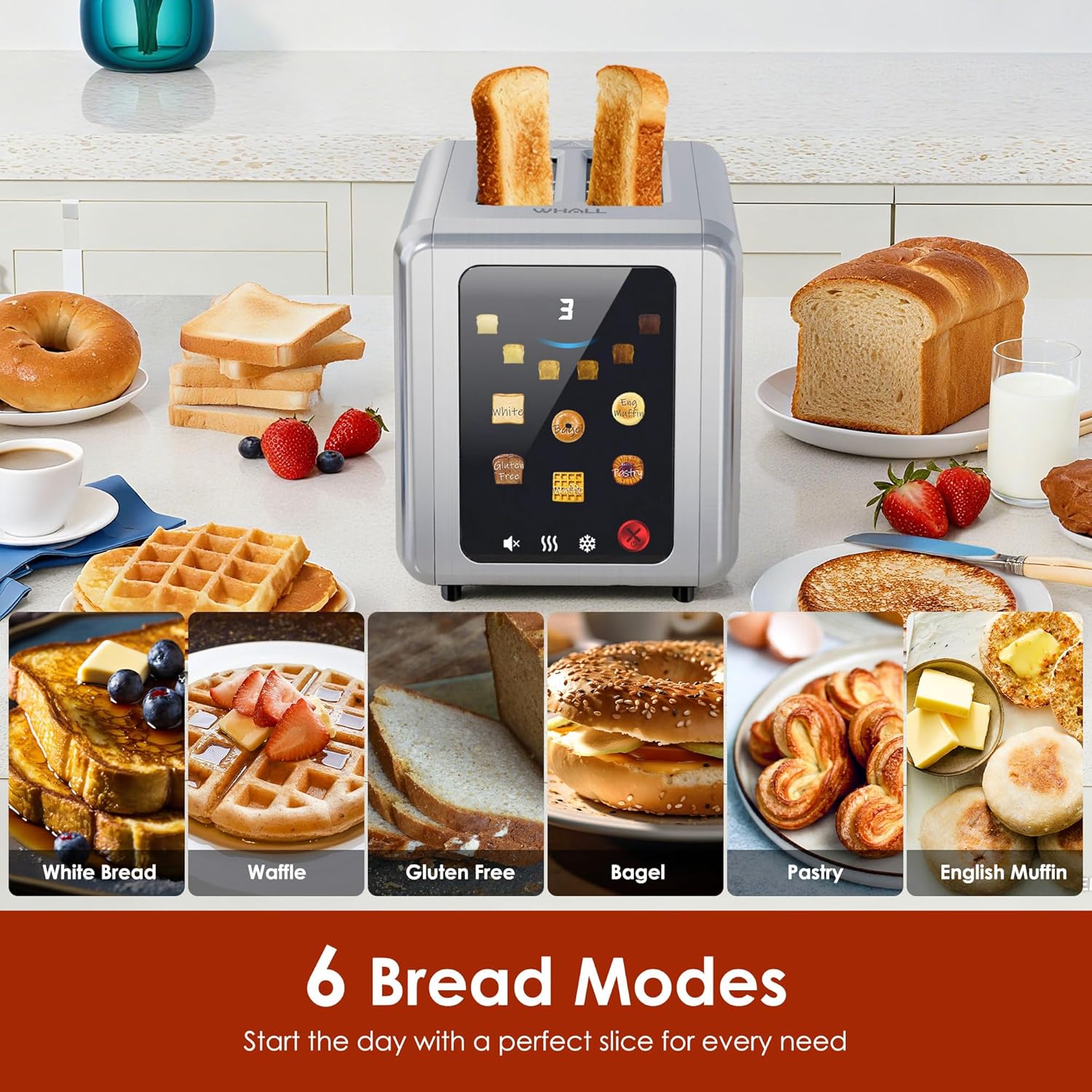 WHALL Stainless Steel 2-Slice Toaster - Full Touch Screen, Digital Timer, 6 Bread Types & Shades, Silver