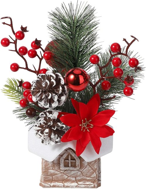 Hatisan Artificial Christmas Tree - Small Tabletop Design with Ornaments & Pine Cones | Red