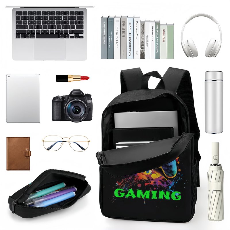 NELAGTR 3-Pcs Backpack School Bag Set For Boys And Girls Travel Study Backpack And Lunch Box And Pencil Bag (Game Backpack)