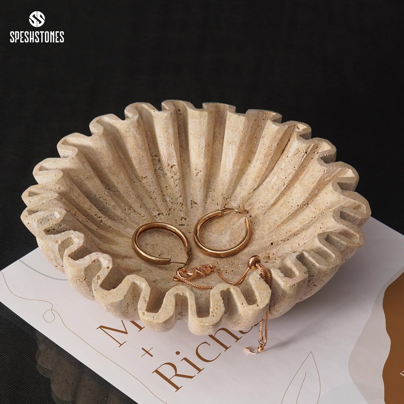 SPESHSTONES Marble Ruffle Bowl Handmade 8 Inch Travertine Fruit Bowl for Kitchen Table Centerpiece, Decorative Scallop Bowl for Entryway & Coffee Table, Modern Marble Bowl for Home Décor