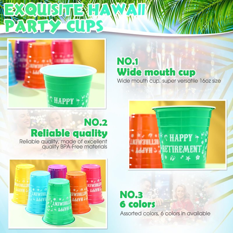 Mimorou 60 Pcs 16 oz Happy Retirement Disposable Party Plastic Cups Beverage Drinking Cups Plastic Juice Cups for Hawaiian Retirement Party Theme Decorations Drinks Soda Barbecues Picnics Supplies