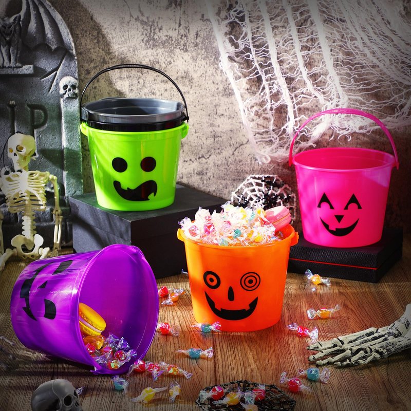 Jenaai 60 Pcs Halloween Plastic Buckets for Kids 5.71 x 4.53 x 4.53 Inch Halloween Trick or Treat Buckets Jack O Lantern Candy Basket Pumpkin Pail with Handle for Party Favor Supplies