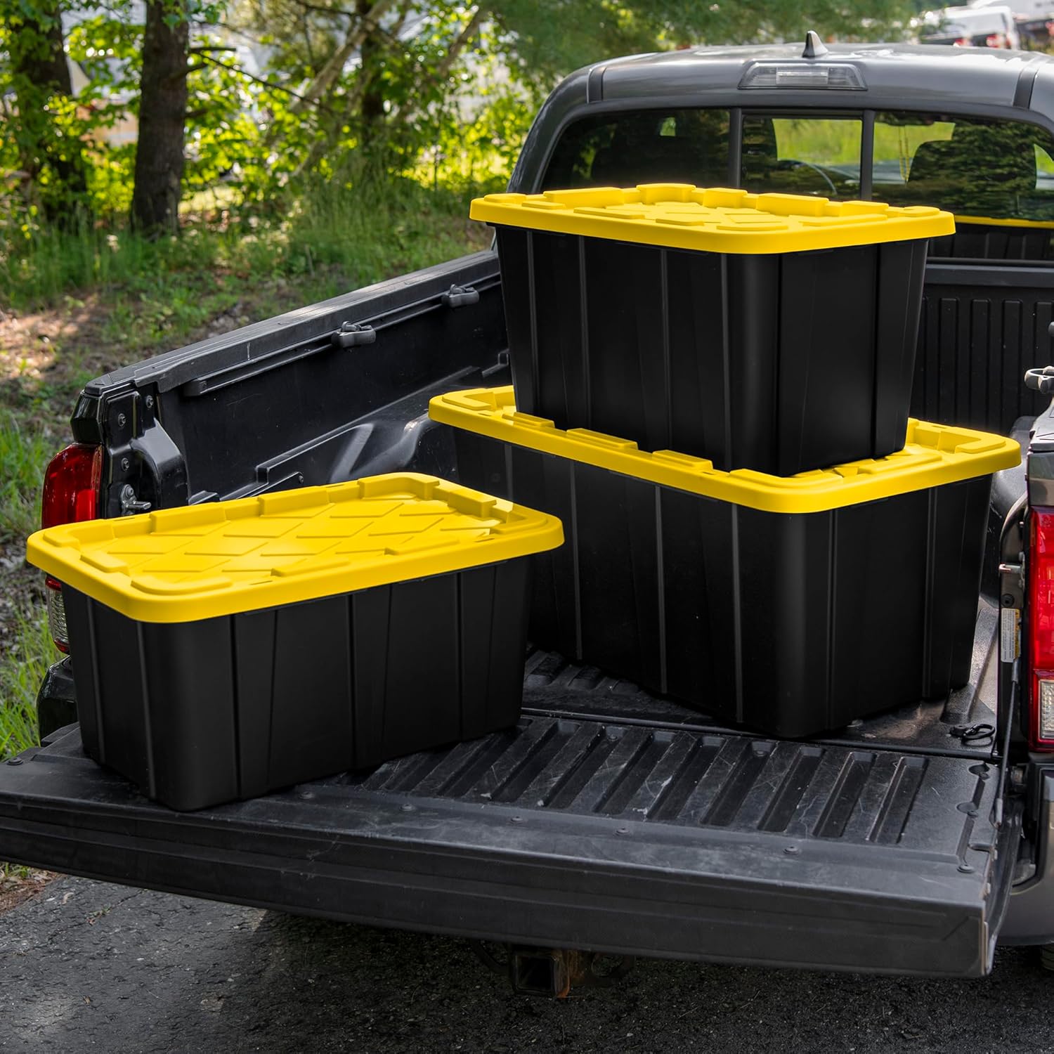 Sterilite 17 Gal Industrial Tote - Stackable Storage Bin with Snap-Fit Lid | Black Base & Yellow Lily Lid, 6-Pack