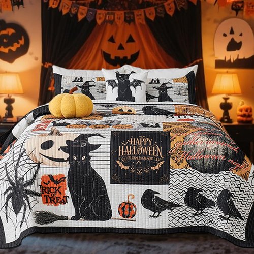 Cmfshape Halloween Quilt Set Bedspread Set,3 Piece Halloween Black Cat Pumpkin Spider Skull Themed Bedding Set King Size,Reversible Coverlet Set with 2 Pillow Shams (King 104"x90")