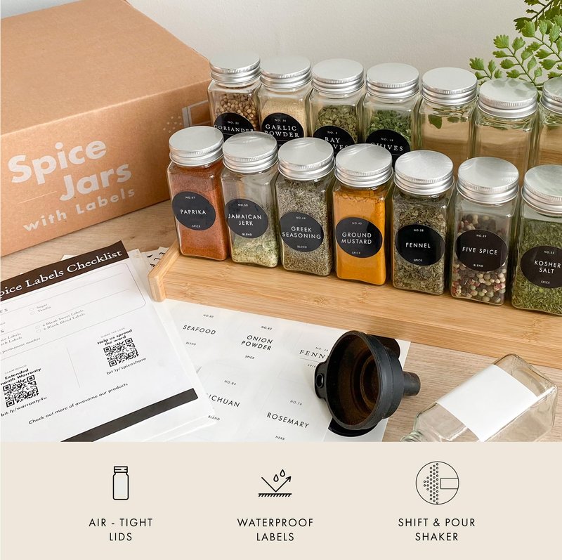 Glass Spice Jars with Labels with Metal Lids and Shakers Minimalist 36 Pack Set, 4oz Small Clear Empty Spice Bottles Seasoning Containers with Label Organizer Square Herb Seasoning Jars for Kitchen