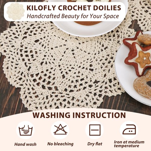 kilofly Crochet Cotton Lace Table Placemats Doilies Value Pack, 4pc, Roma, Beige, 10 inch