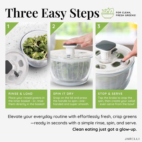 JARELLI Glass Salad Spinner Large Capacity 6.3QT with Storage Lid | Boroscilicate Glass Bowl and BPA-Free and Food-Safe Colander, Base, Spinner Lid and Storage Lid | Washing, Spinning, and Draining