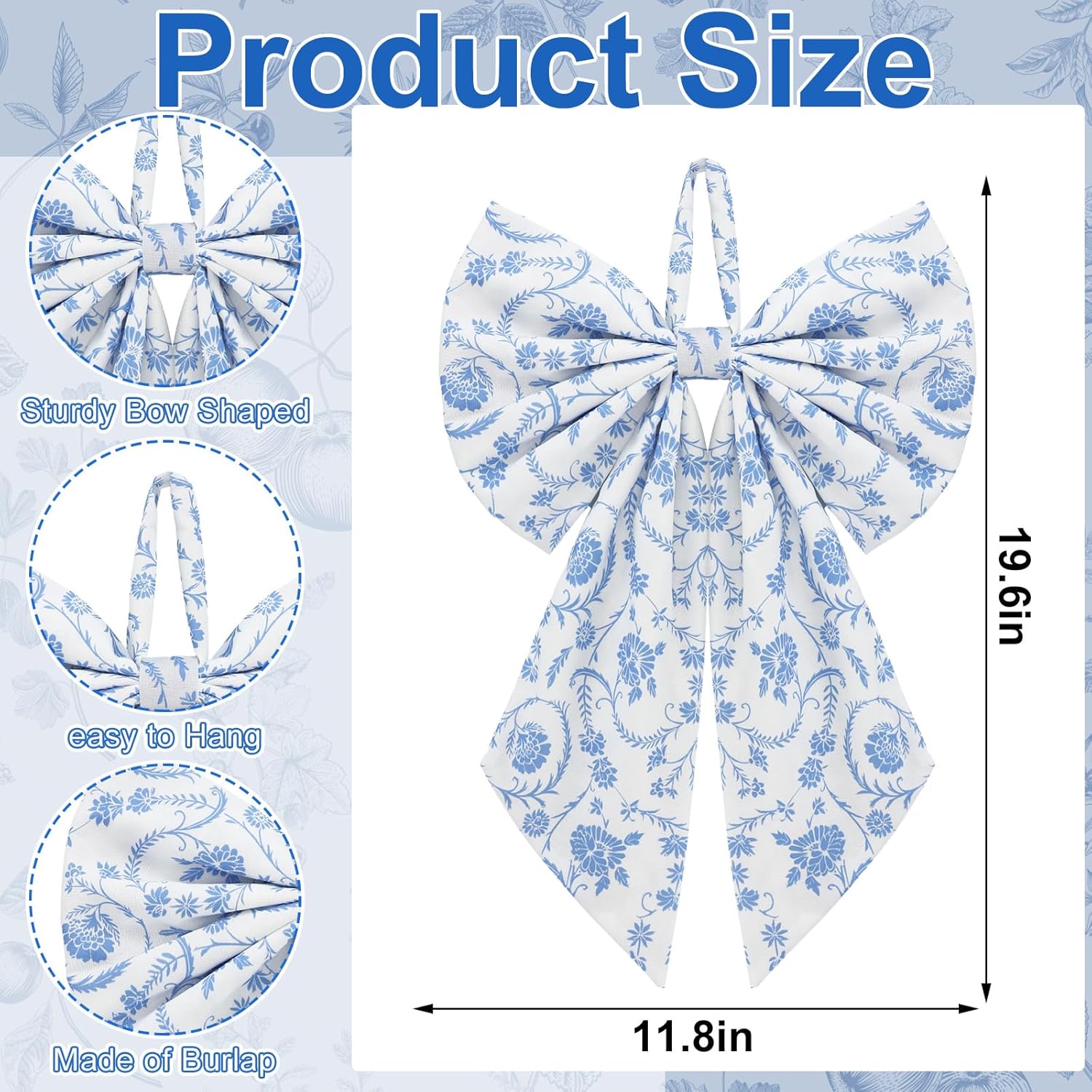 Suncalla Chinoiserie Wreath - Cute Flower Bow Front Door Hanger for Spring & Weddings | Blue Toile