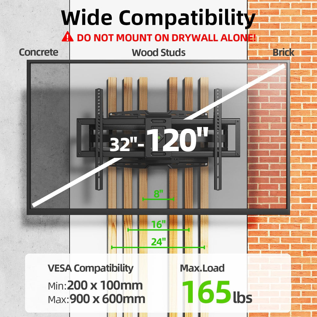 USX MOUNT 8" Full Motion TV Wall Mount - Heavy Duty Dual Arm Design for 32-120" TVs, Max VESA 800x600, Swivel & Tilt