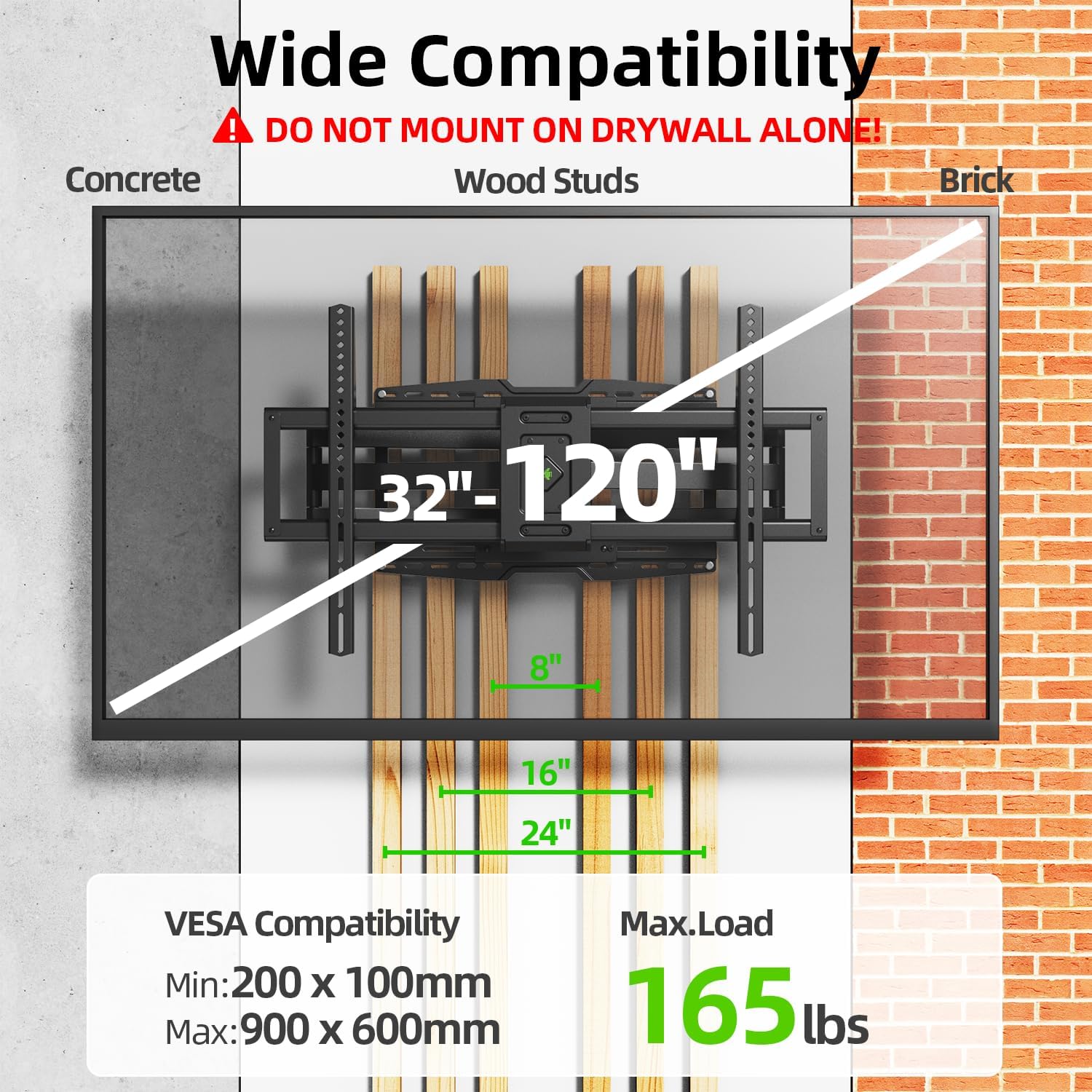USX MOUNT 8" Full Motion TV Wall Mount - Heavy Duty Dual Arm Design for 32-120" TVs, Max VESA 800x600, Swivel & Tilt