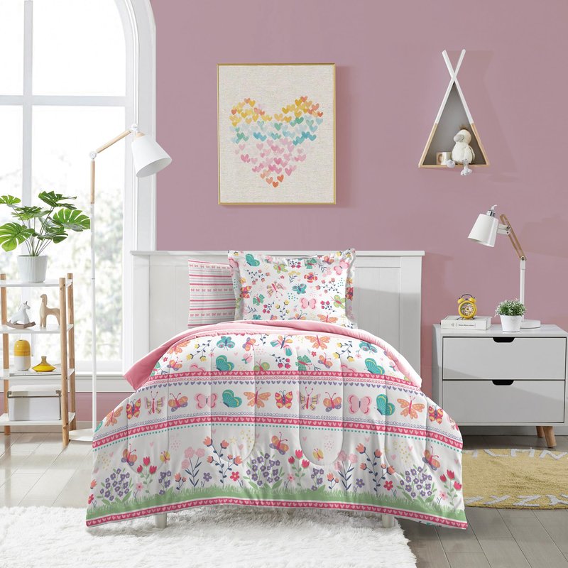 Dream Factory Kids 5-Piece Complete Bed Set Easy-Wash Super Soft Microfiber Comforter Bedding, Twin, Pink Butterfly Garden