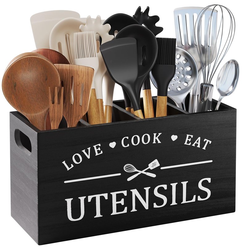 Extra Large Utensil Holder for Kitchen Counter with 4 Compartments, Kitchen Cooking Utensils Holder for Countertop,Black Wooden Utensil Caddy for Farmhouse Spatula,Cutlery,Wood Wall Mounted Organizer