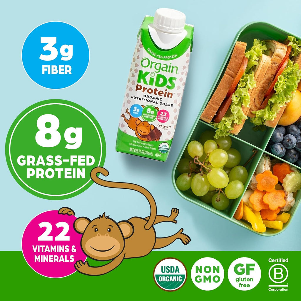 Orgain Organic Kids Protein Shake - Chocolate Flavor, 8g Dairy Protein, Gluten Free, 8.25 Fl Oz (Pack of 12)