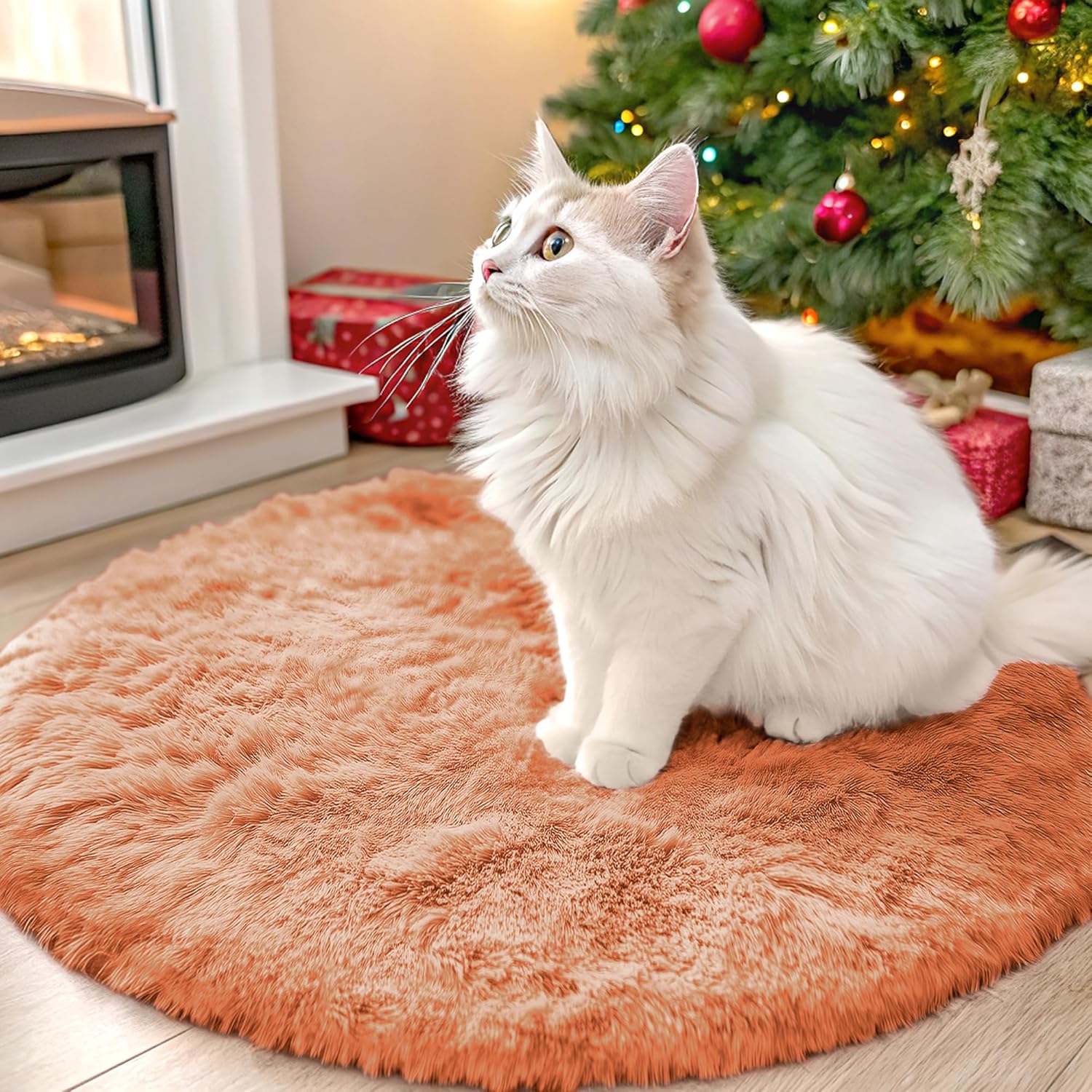 OLANLY Round Area Rug - Muted Orange, Soft & Fluffy Shaggy Carpet for Bedroom & Living Room, 2 ft