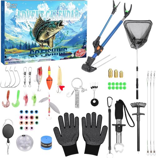 Fishing Advent Calendar 2025 - 24-Day Countdown with Telescopic Landing Net & Fish Gripper for Men