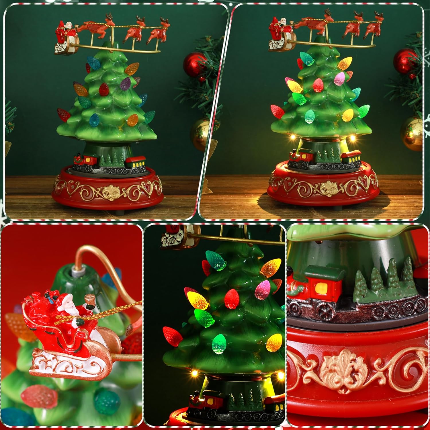 Skiennix Musical Pre-Lit Artificial Christmas Tree - Spinning Train & Elk Figurines | Holiday Tabletop Decor