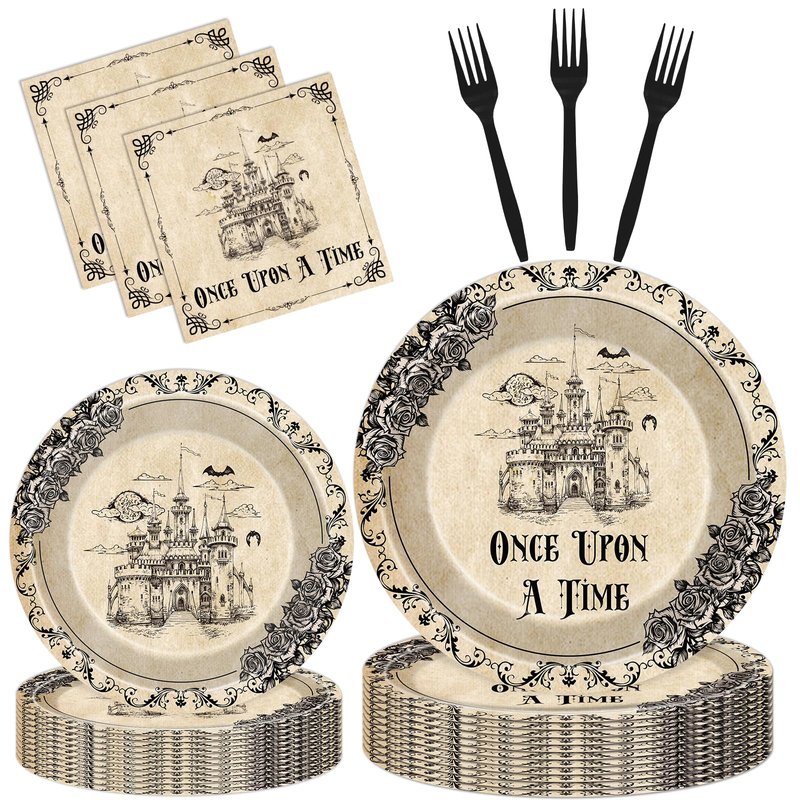 VorkiVecKi Fairytale Plates Party Decorations - 96 Pcs Once Upon a Time Tableware Paper Plate Set Napkins Forks Disposable, Floral Medieval Castle Party Supplies Decor for Birthday Wedding Serve 24