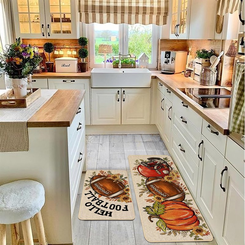 Baccessor Fall Rugby Pumpkins Kitchen Mats Set of 2,Autumn Football Pumpkins Helmet Low-Profile Non Slip Absorbent Kitchen Mat Rugs for Floor Farmhouse Thanksgiving Home Decor 17x29 and 17x47 Inch