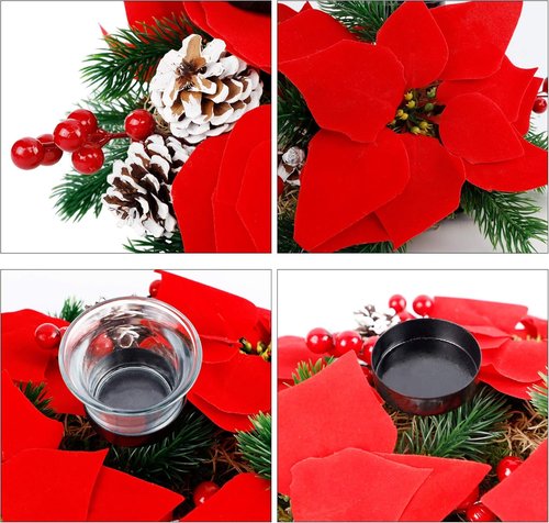 FORUP Christmas Centerpiece - Elegant Poinsettia Tabletop Decor with 3 Candle Holders for Holiday Celebrations