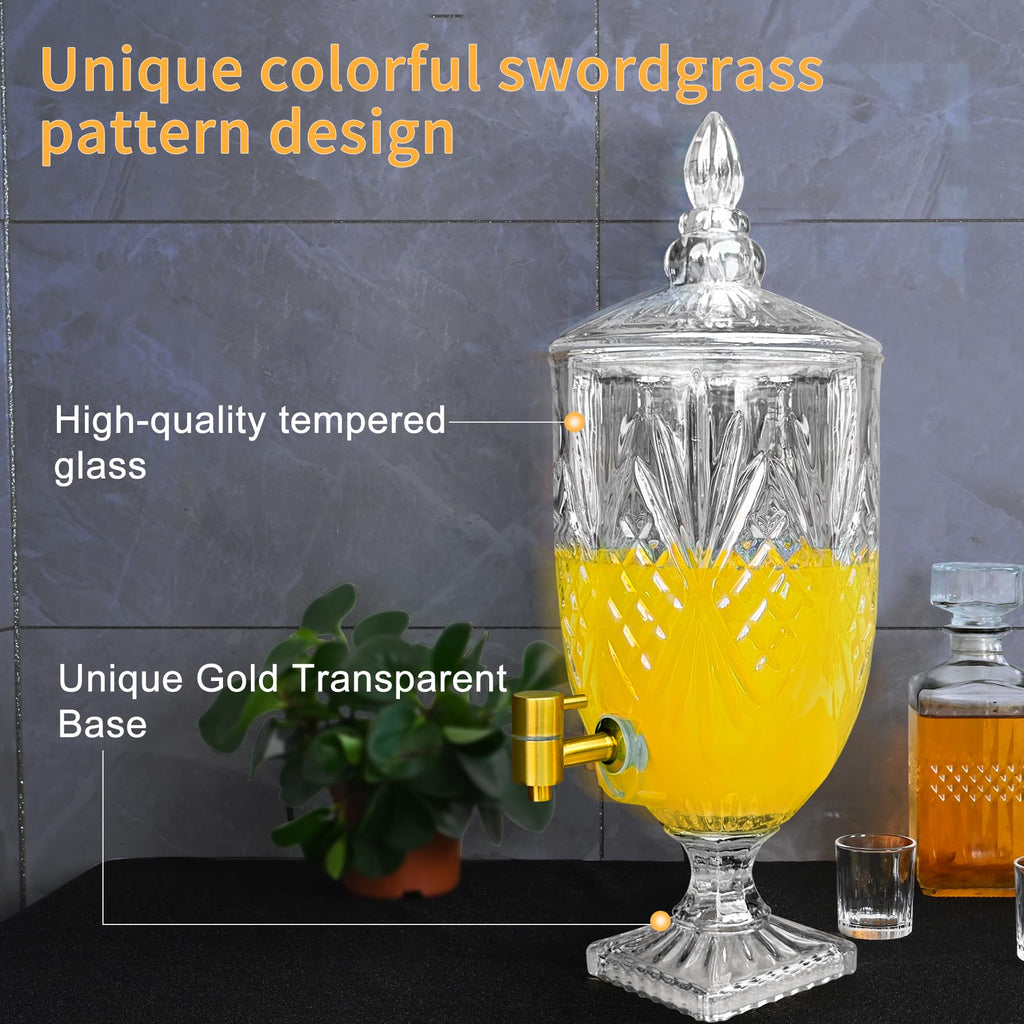 1.3 Gallon Glass Drink Dispenser, Glass Beverage Dispenser with Spigot for Party Bar Wedding, Crystal Collection Jug, Wide Mouth with Lid, Iced Beverage Dispensers (1.3gal colorful)