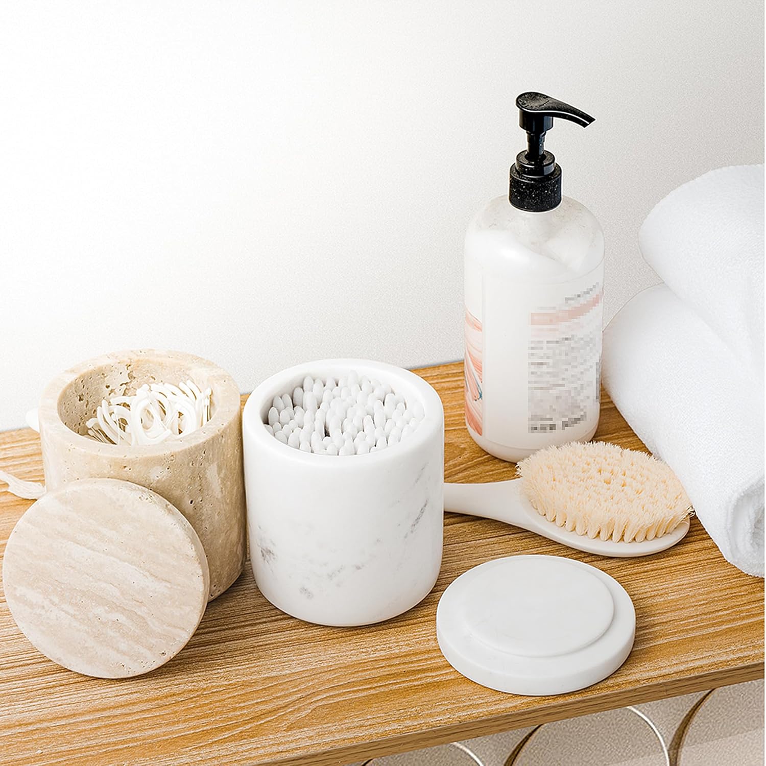 WORHE Travertine Qtip Holder - Large Capacity Marble Dispenser with Lid for Bathroom Essentials | Beige