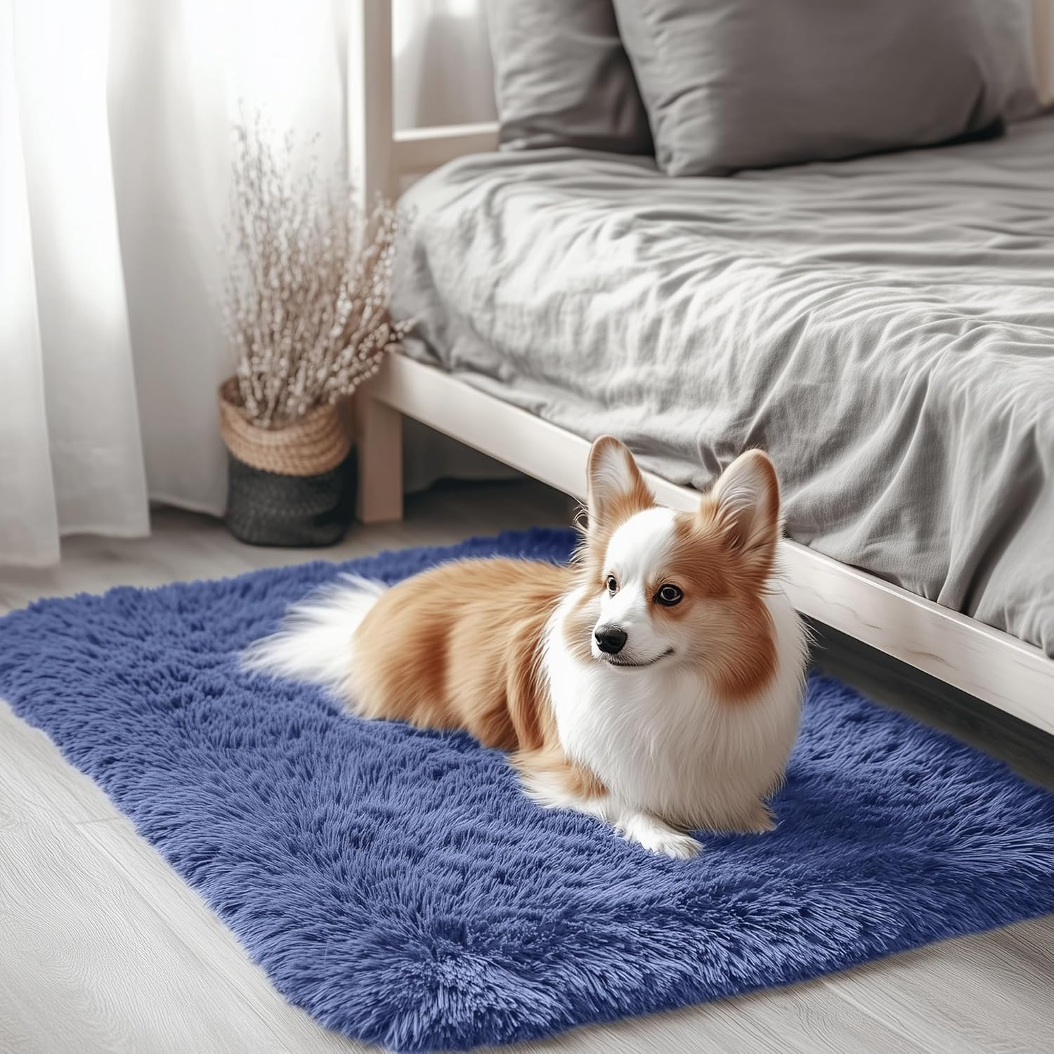 OLANLY Small Bedside Rug - Soft Fluffy Shaggy Throw Rug for Bedroom & Living Room | Denim Blue