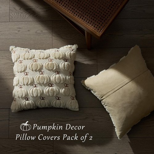 GIGIZAZA Fall Beige Pillow Covers 18x18, Set of 2 Halloween Decorative Pumpkin Throw Pillow Covers for Couch Living Room Cute Cushion Covers Faux Fur Farmhouse Pillows Cases