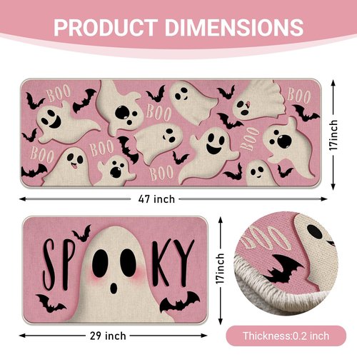 Livcoz Pink Halloween Spooky Ghost Kitchen Rugs Set of 2, Cute Bats Boo Floor Mats Home Decor, Funny Door Mat Decorations - 17x29 and 17x47 Inches