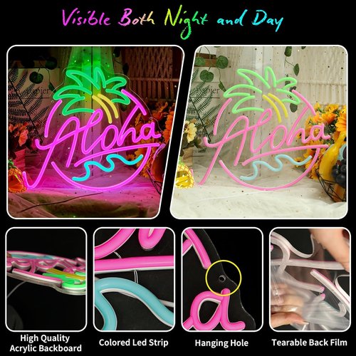 Aloha Neon Sign - Tropical Beach Party Decor | LED Light Up Aloha Wave in Pink, Blue & Green