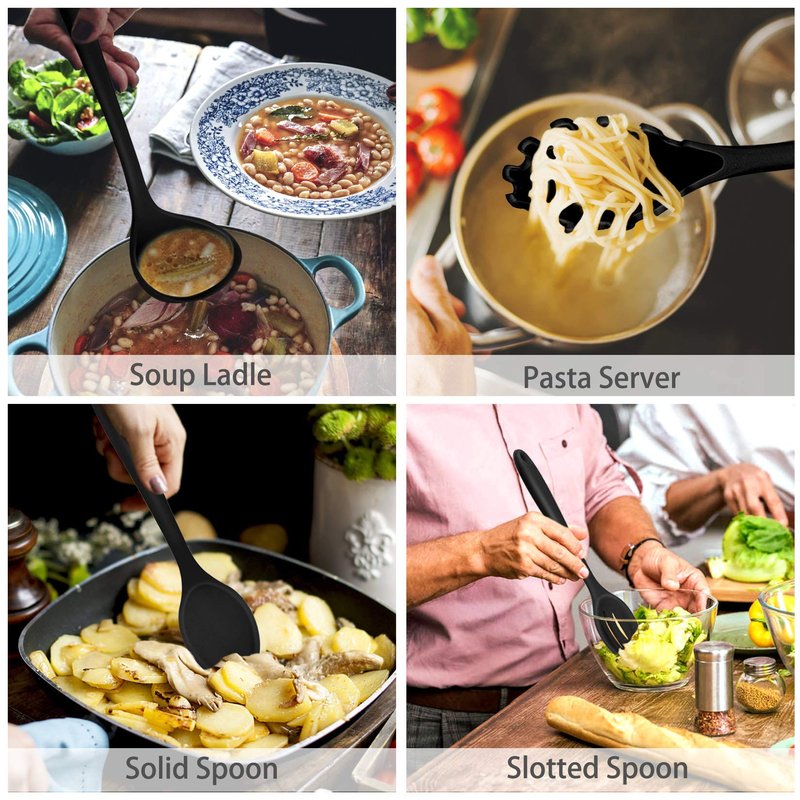 P&P CHEF Silicone Cooking Utensils Set of 7, Heat-proof Kitchen Utensils Set for Nonstick Cookware, Non-stick Spatula, Slotted Turner, Soup Ladle, Pasta Server, Spoon for Cooking Serving - Black