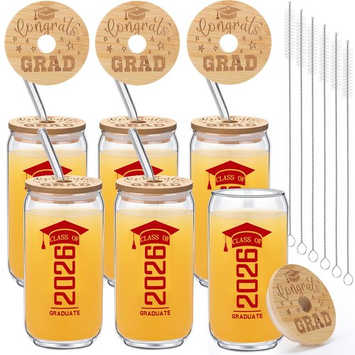 Suttmin 6 Pcs Class of 2026 Graduation Gifts Glass Cup with Bamboo Lids and Glass Straw, 2026 Graduation Gifts for Her Him, 16 oz College Masters Degree Can Shaped Cup(Red)