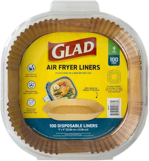 Glad Air Fryer Liners - Nonstick & Heat Resistant, 9" Rounded Square Shape - 100 Count, Food Grade Material