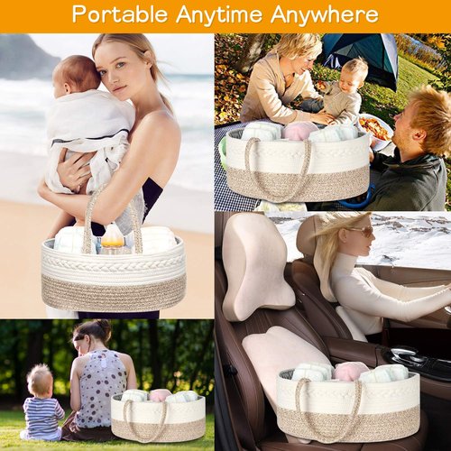 maxgoods Baby Diaper Caddy Organizer -100% Cotton Baby Basket Bin with Removable Divider -Portable Tote Bag Storage Basket for Boy & Girl Nursery Organization (White & Yellow Variegated)