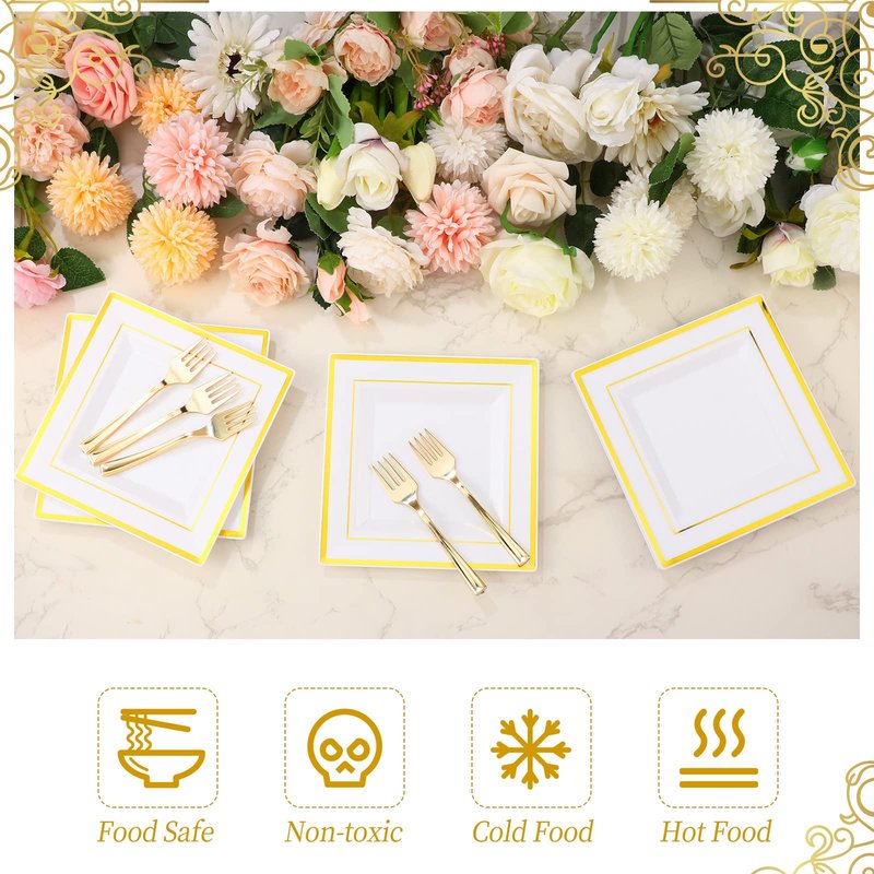 Gandeer 300 Pcs Square Plastic Plates with Forks Set Include 150 Disposable 6.5 Inch Dessert Plates Heavy Duty and 150 Plastic Appetizer Forks for 150 Guests Weddings Party Supplies(Gold)
