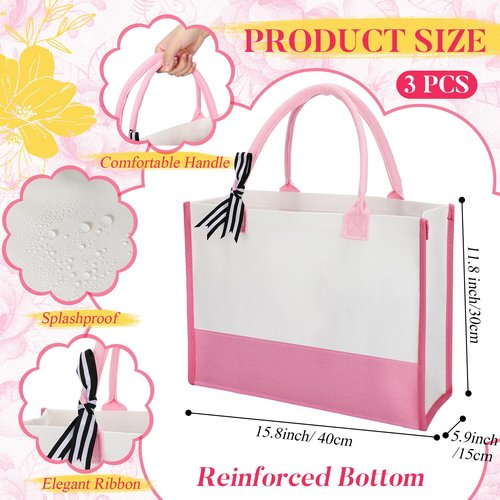 Shinylin 3 Pcs Initial Canvas Tote Bag Reusable Blank Personalized Present Bag for Valentine Bridesmaid Wedding Gift(Pink)
