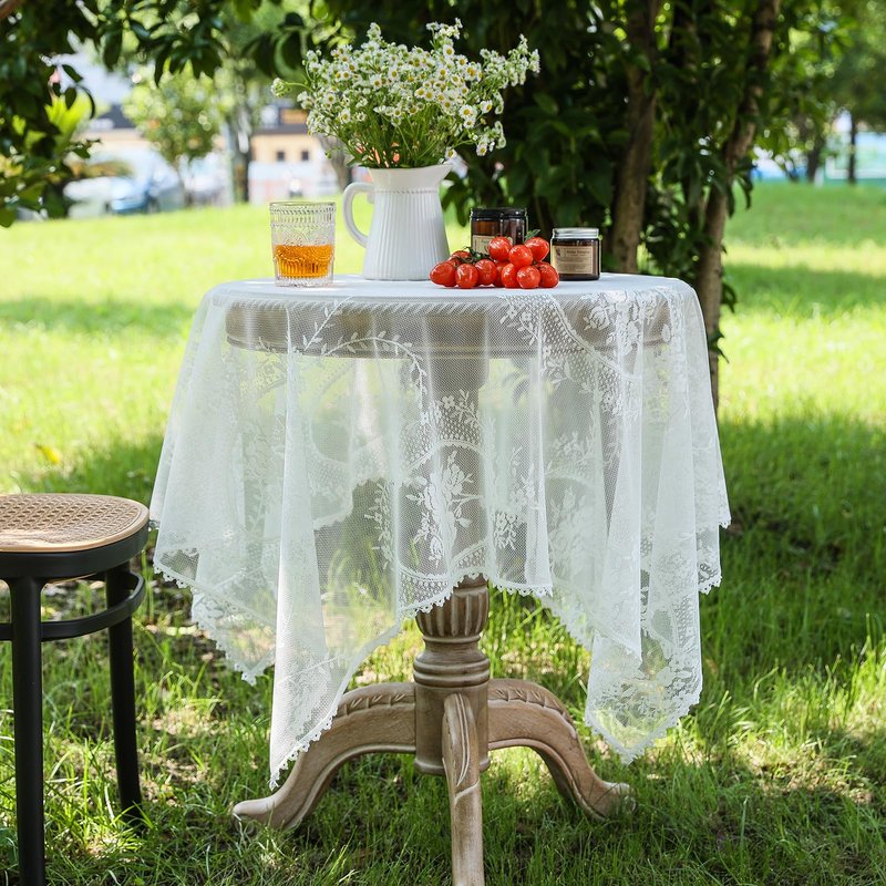 Huierxun White Lace Small Square Tablecloth 24 x 24 Inch Vintage Embroidered Table Cloth Shabby Chic Wedding Baby Shower Nightstand Table Cover for Round Coffee Tables (White, 24"x24")