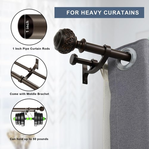 Double Curtain Rod, 1 inch Window Telescoping Drapery Double Rod 72 to 144 Inches (6-12 Feet), Classical Ball Finials,Premium Aluminum Brackets,Antique Bronze