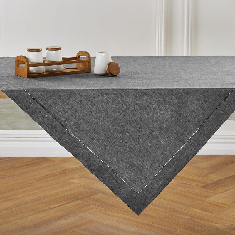 Solino Home Linen Tablecloth 52 x 52 Inch - 100% Pure Linen Charcoal Grey Square Tablecloth - Milan Hemstitch, Machine Washable Table Throw