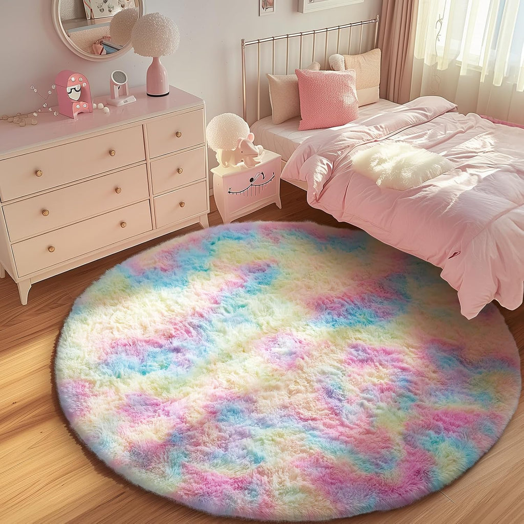 Ophanie Soft Fluffy Shaggy Rug - Colorful Rainbow Design for Bedroom & Living Room | 6' Round