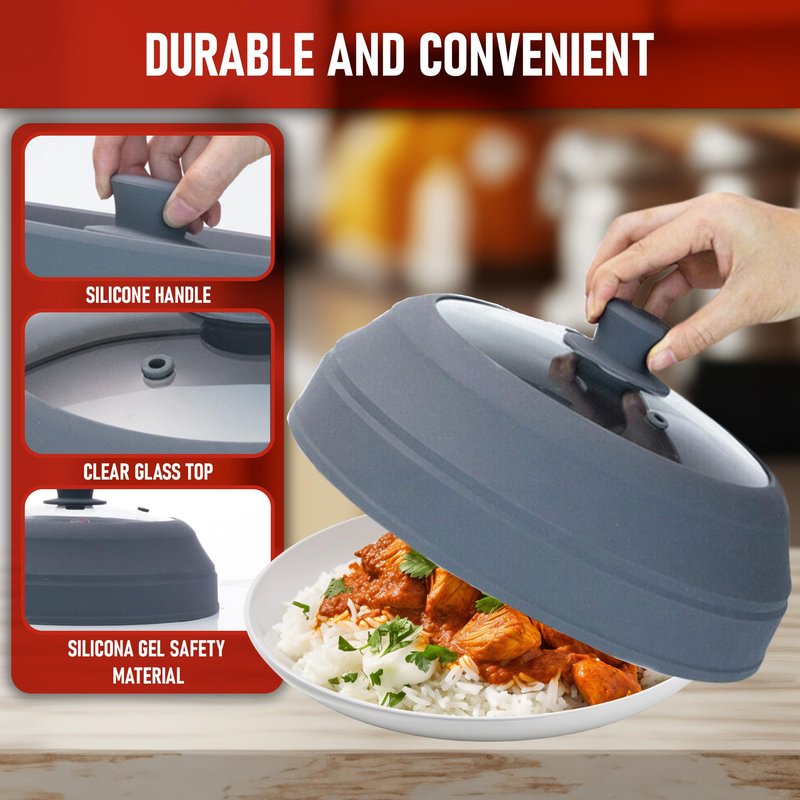 Javson Microwave Splatter Cover Glass for Food - Large 10.8" Tempered Glass & Silicone Lid, Heat Resistant, Splatter Guard with Easy-Grip Handle