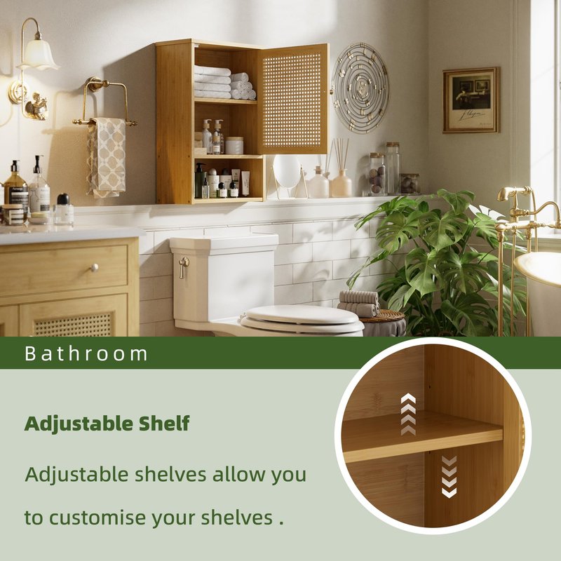 vovala Bathroom Wall Cabinet, Bamboo Over-The-Toilet Storage Organizer with Rattan Doors and Adjustable Shelf, Space Saver Medicine Cabinet for Laundry, Kitchen, Living Room (Natural)