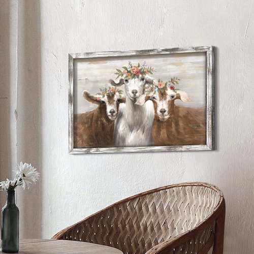 Goat Wall Art Framed Decor: Bathroom Farmhouse Country Animal Portrait Wood Painting Artwork Rustic Farm Lamb with Flower Crown Print Picture for Bedroom Home