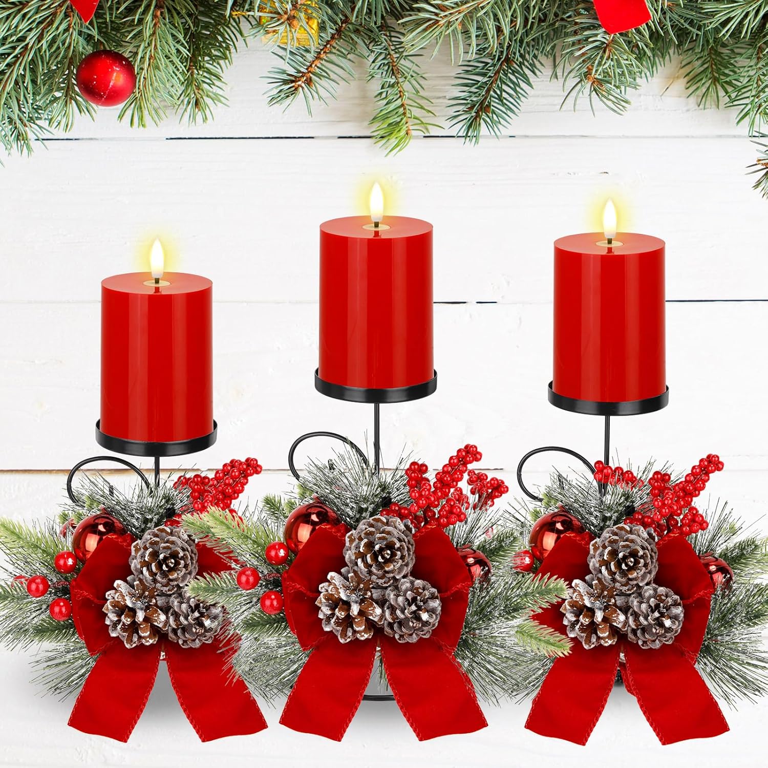 Yunlly Christmas Candle Holders Set of 3 - LED Battery Operated Pine Cone Design | Festive Table Centerpiece