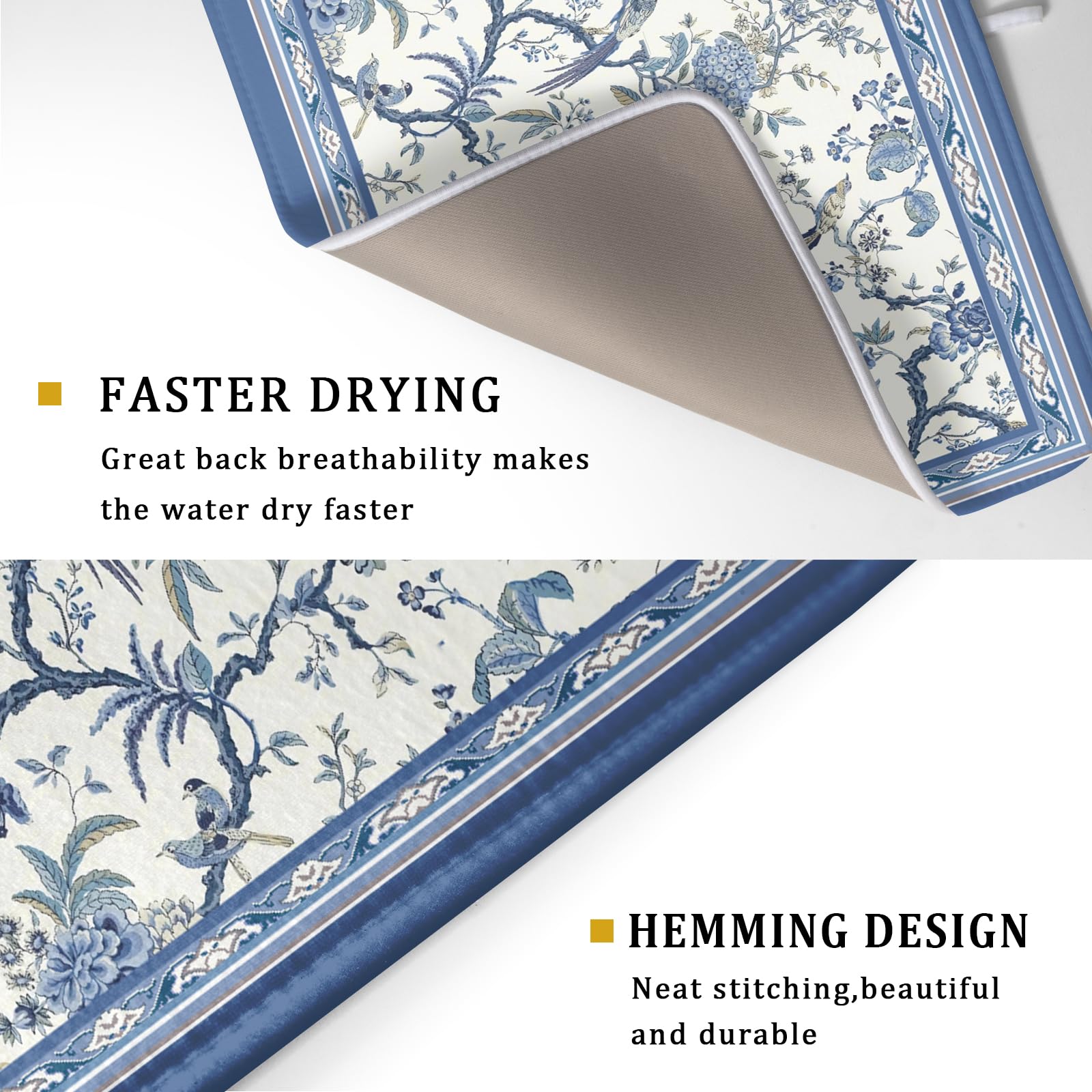 Giwawa Chinoiserie Dish Drying Mat 18x24in Blue White Oriental Floral Birds Kitchen Drainer Mats Porcelain Flowers Absorbent Microfiber Dish Drying Pad Large for Countertop Home Decor