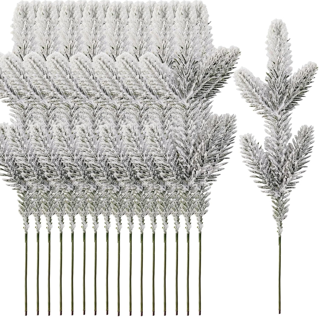 NSBELL 20PCS Artificial Flocking Pine Picks - 11.8 Inch Snow Forest Greenery for Holiday Decor | DIY Wreaths & Parties