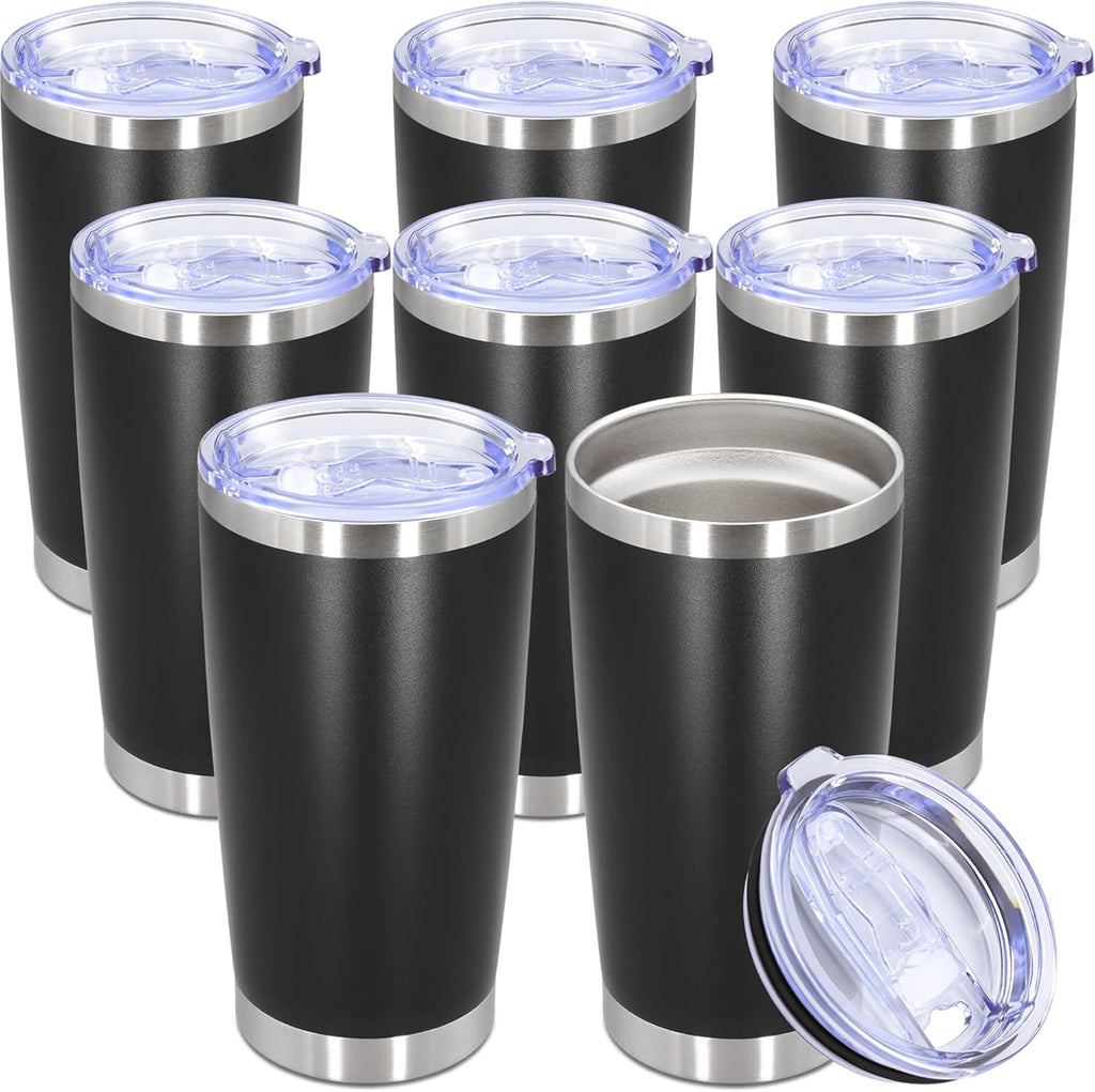 Skiennix 20oz Stainless Steel Tumbler - Vacuum Insulated Travel Mug Set | Durable Black, 8 Pack