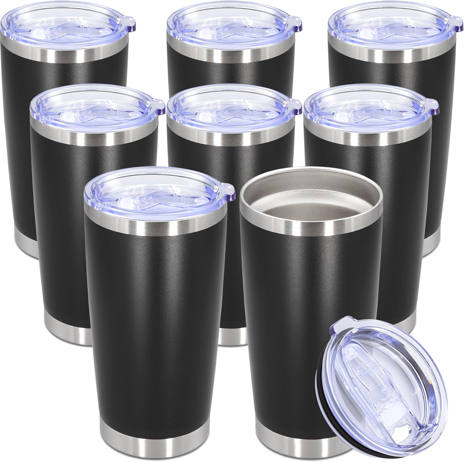 Skiennix 20oz Stainless Steel Tumbler - Vacuum Insulated Travel Mug Set | Durable Black, 8 Pack