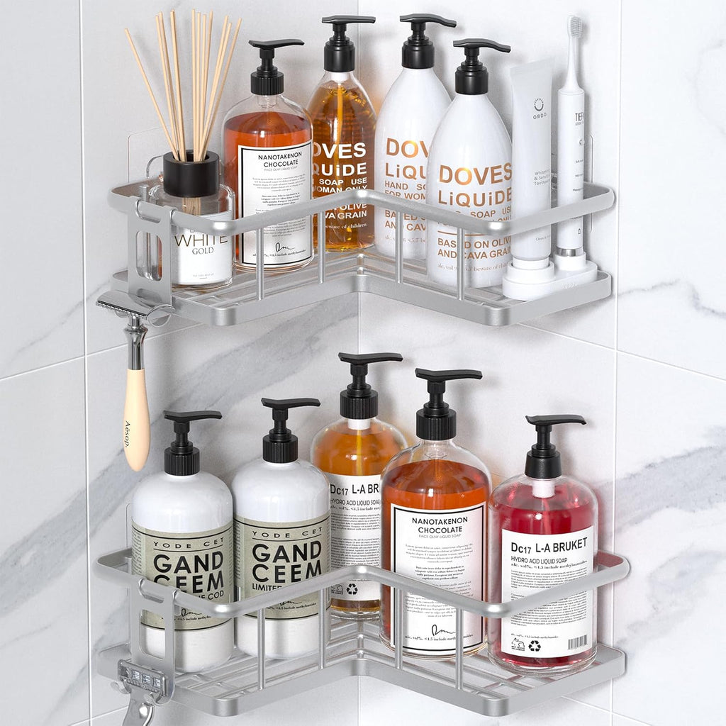 YASONIC Shower Caddy | 2-Pack Rustproof Stainless Steel Corner Shelves with Soap Holder - Silver