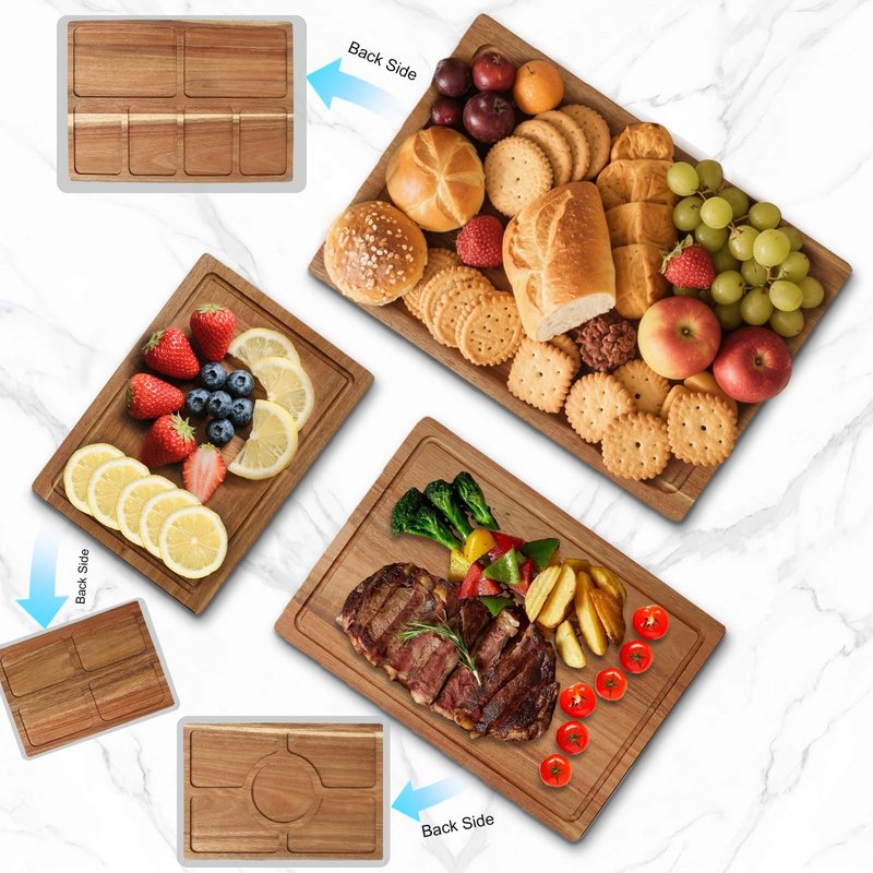 Acacia Wood Cutting Boards for Kitchen Set of 3, Chopping Board with Holder, with Deep Juice Groove Grip Handles, Charcuterie Boards, for Meat, Vegetables and Fruits and Cheese (Set B of 3)